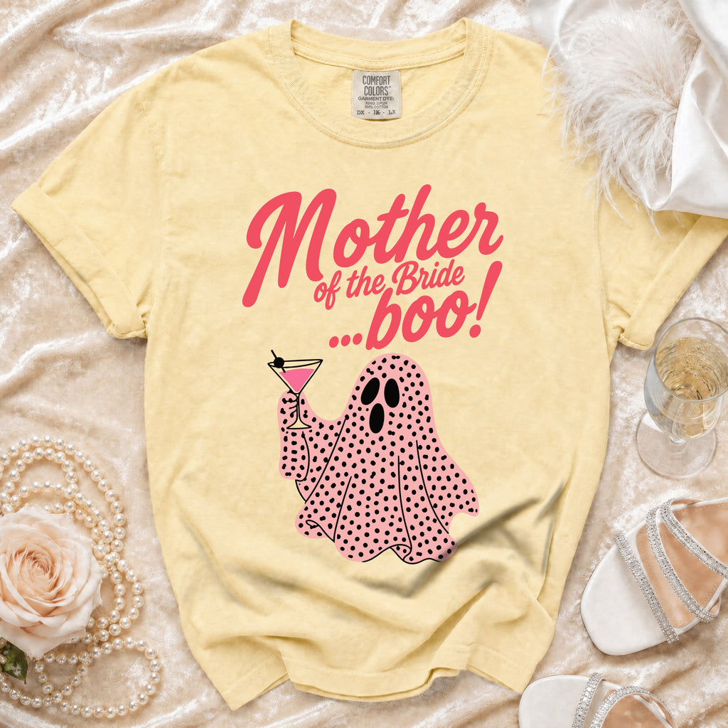 Yellow t-shirt with "Mother of the Bride ...boo!" and a pink ghost holding a martini.