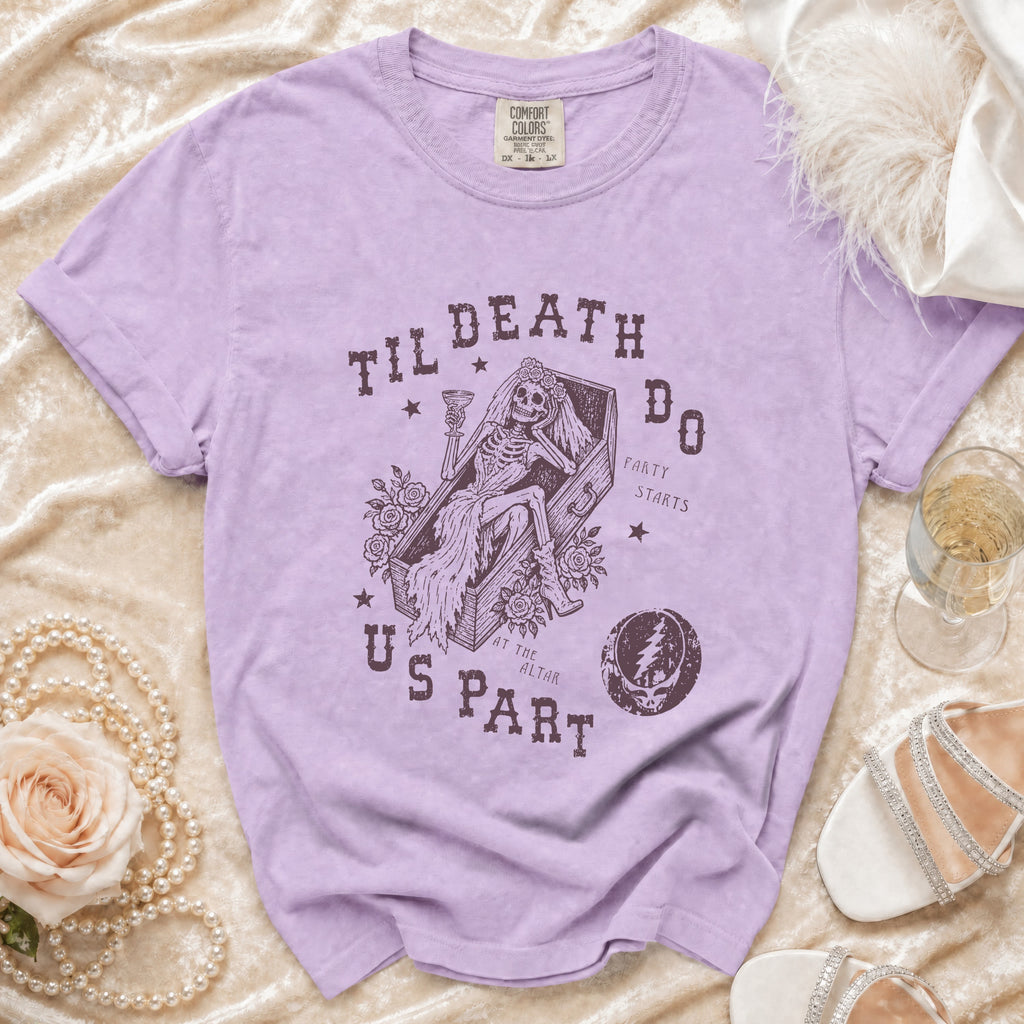 Purple t-shirt with skeleton bride graphic and text "Til Death Do Us Part".