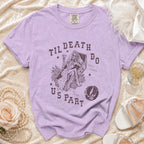 Purple t-shirt with skeleton bride graphic and text "Til Death Do Us Part".