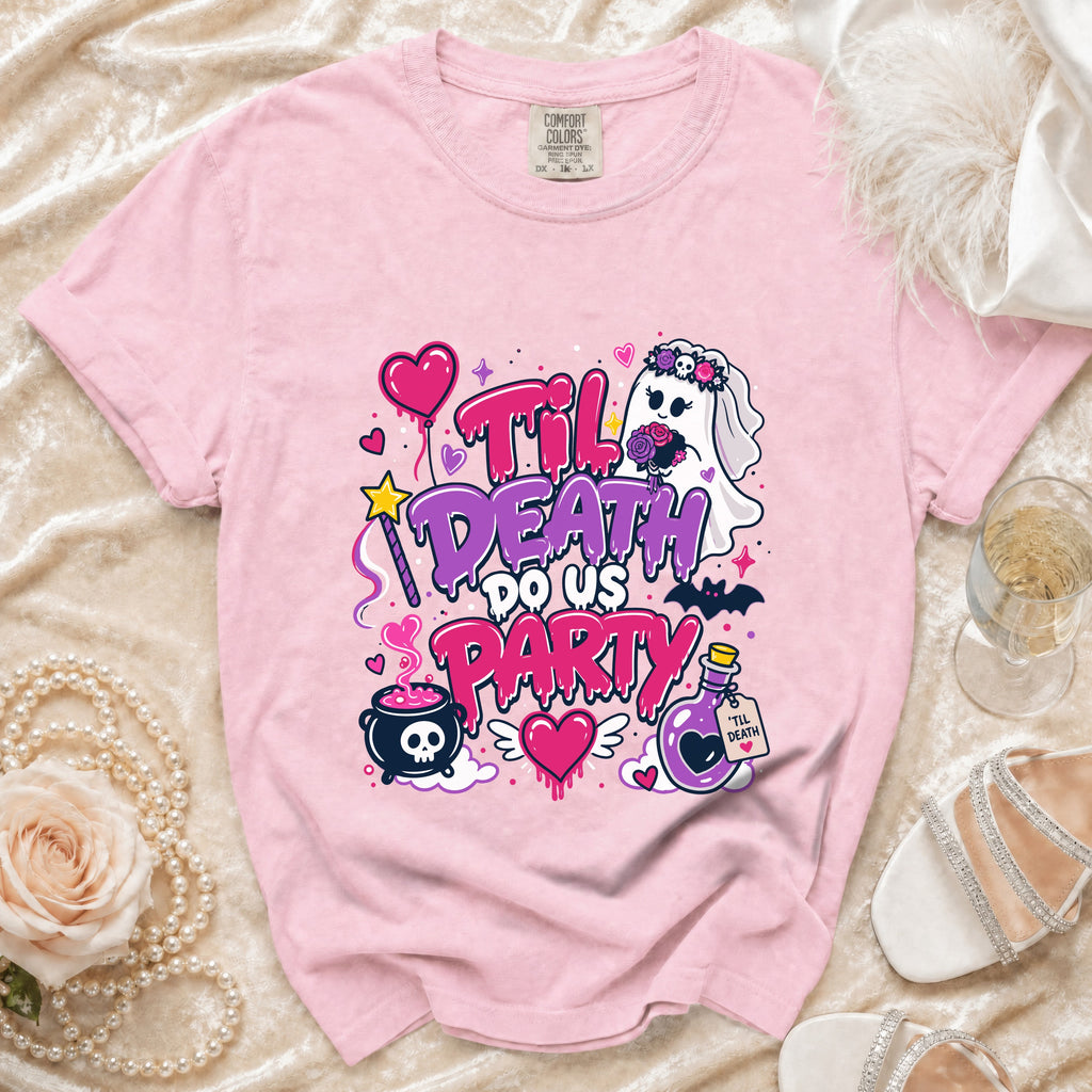 Pink t-shirt with "Til Death Do Us Party" graphic featuring a ghost bride and spooky elements.