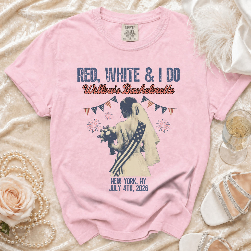 Bachelorette shirt for Willow's bachelorette in New York on July 4th, 2026.