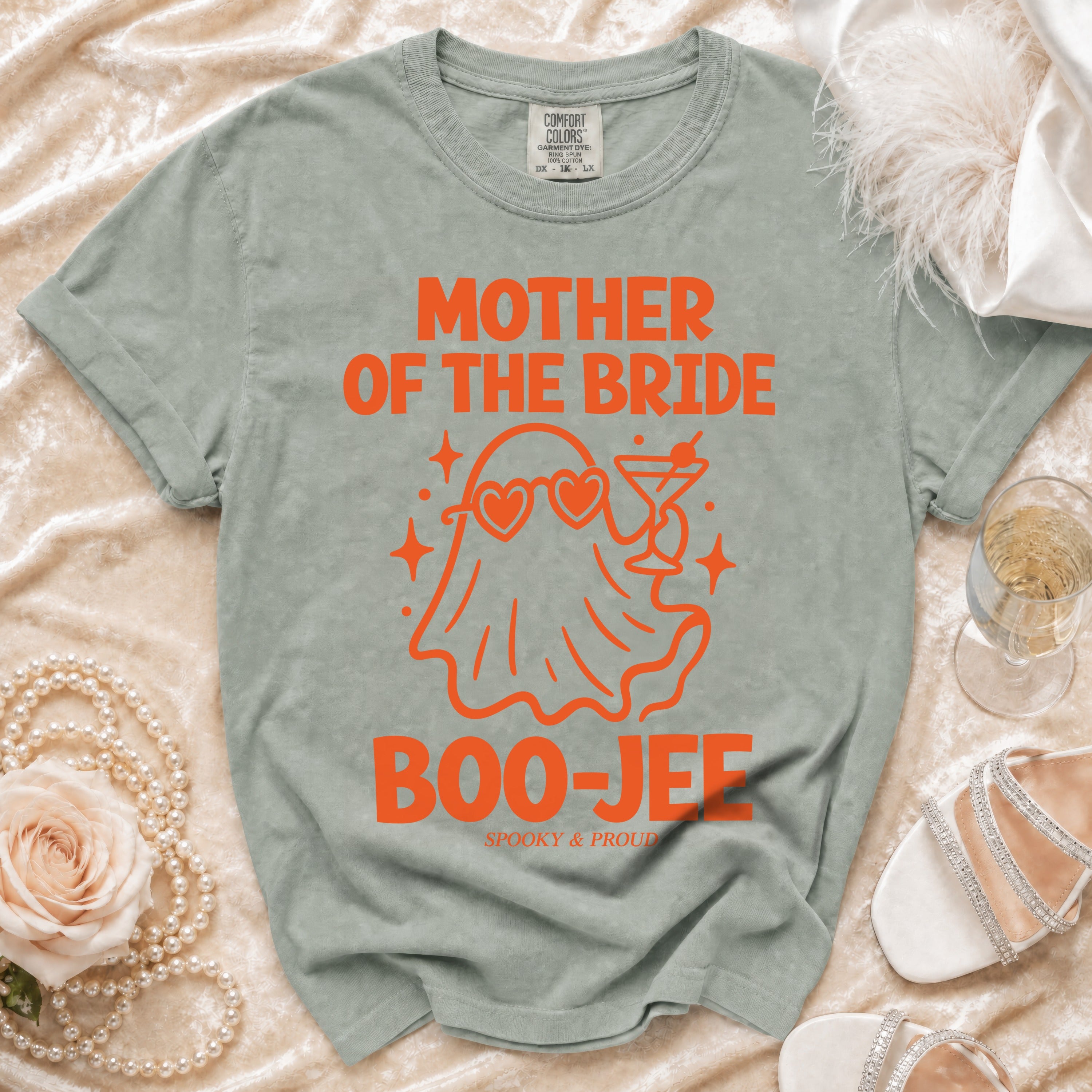 Green t-shirt with "MOTHER OF THE BRIDE BOO-JEE" and ghost graphic.
