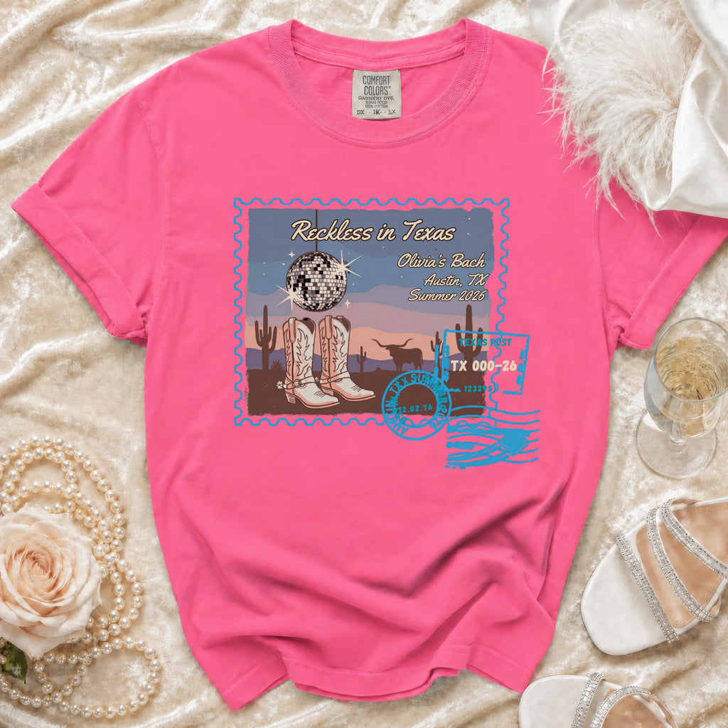Comfort Colors t-shirt with "Reckless in Texas" graphic and Austin, TX destination.