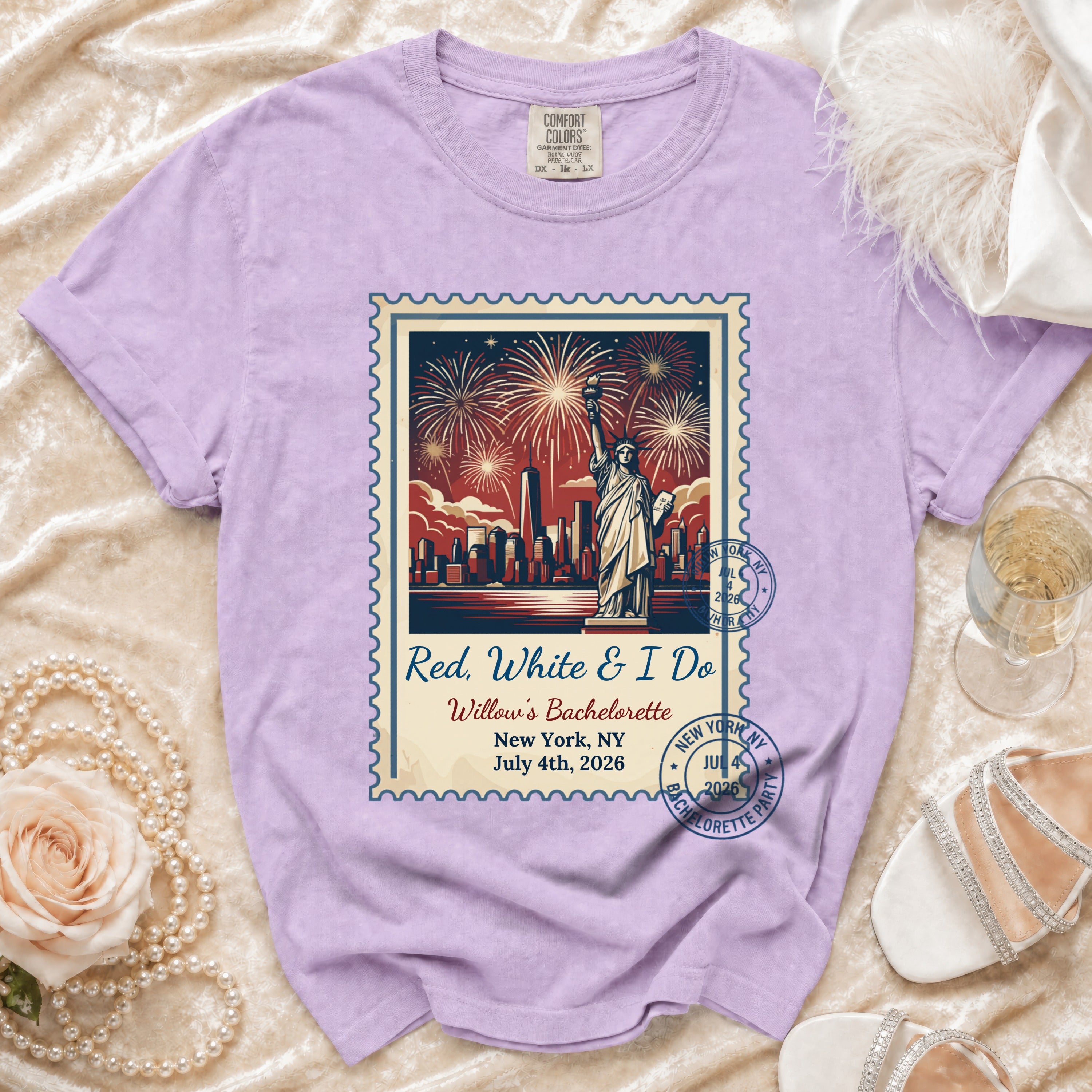 Comfort Colors t-shirt with "Red, White & I Do Willow's Bachelorette" and New York skyline.