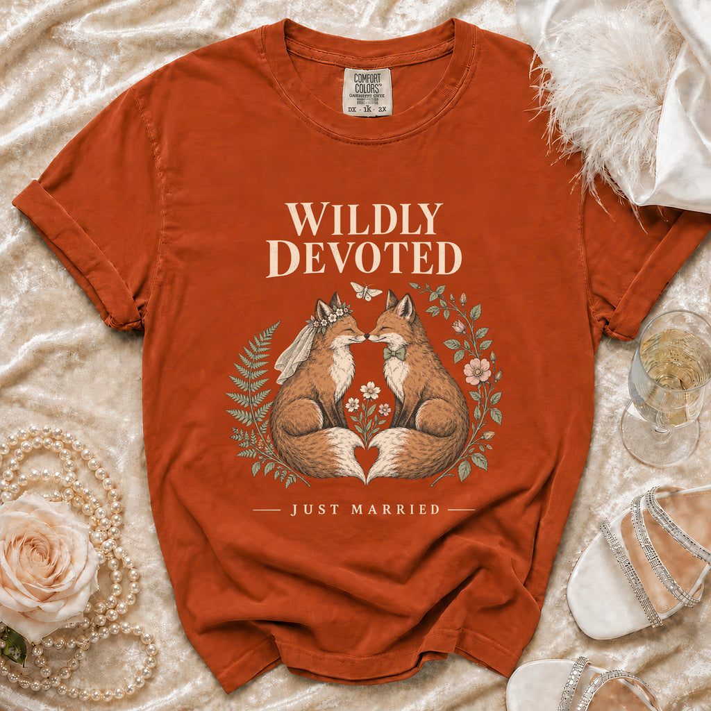 Orange t-shirt with "Wildly Devoted Just Married" text and kissing foxes in wedding attire.