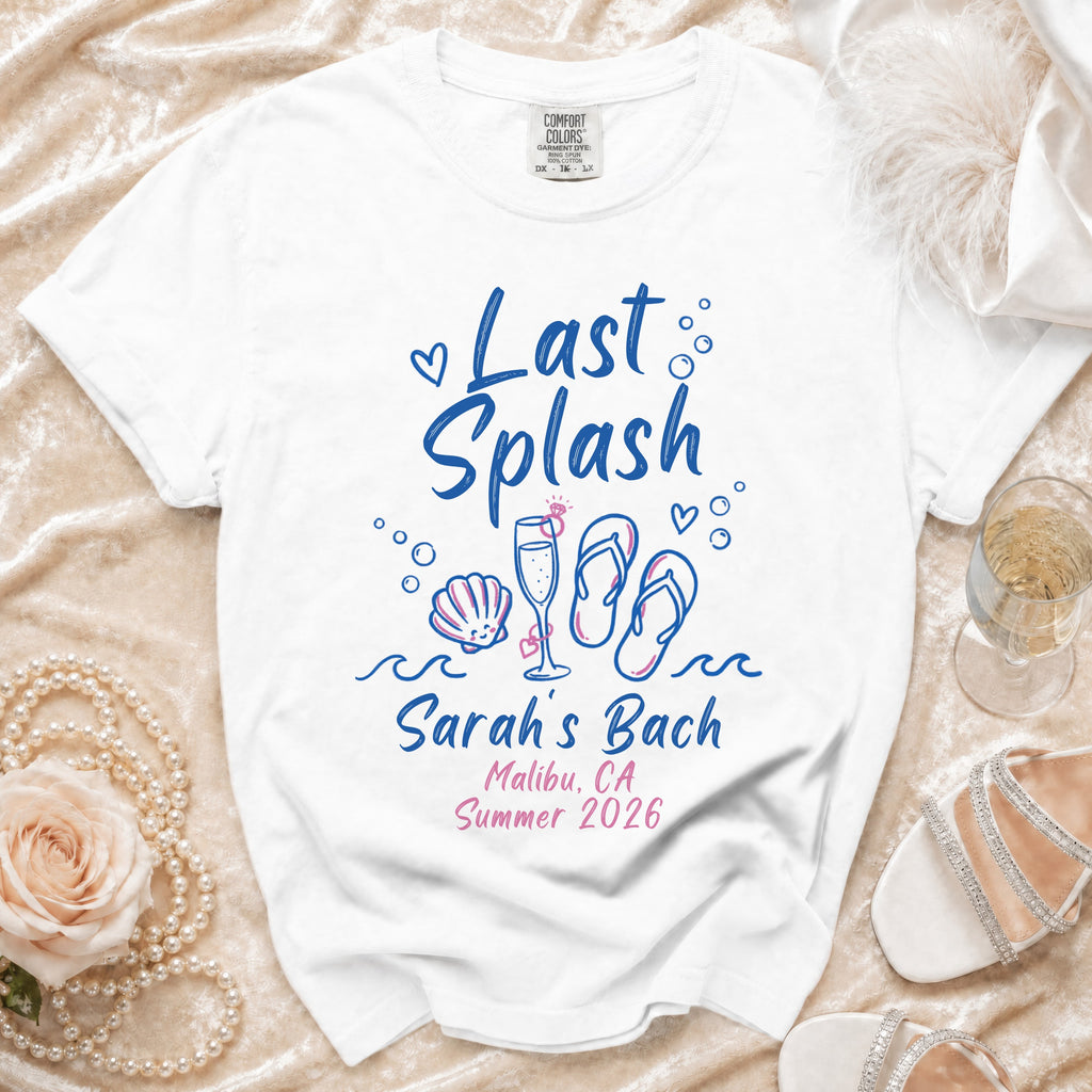 White t-shirt with "Last Splash" text, seashell, flip flops, and bachelorette details.