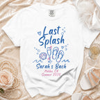 White t-shirt with "Last Splash" text, seashell, flip flops, and bachelorette details.