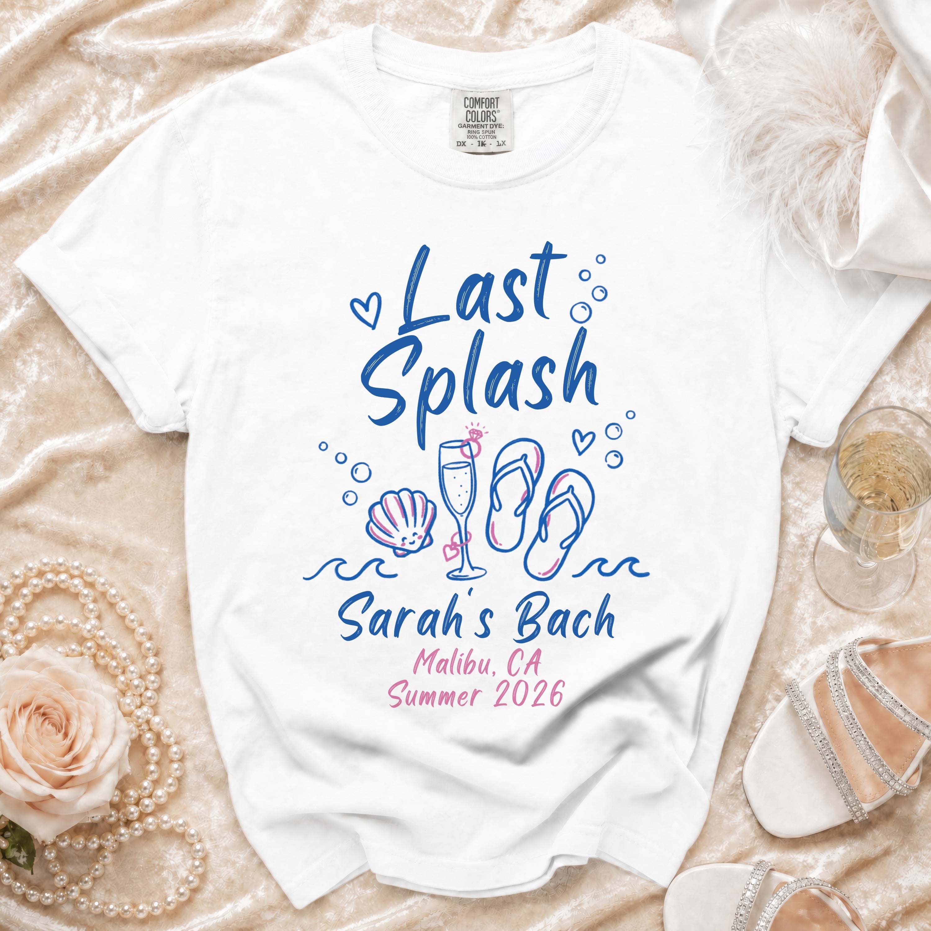 White t-shirt with "Last Splash" text, seashell, flip flops, and bachelorette details.