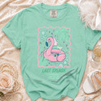 Mint green t-shirt with "Last Splash Sarah's Bach Malibu, CA Summer 2026" text and flamingo graphic.