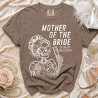 T-shirt with "Mother of the Bride" text and a skeleton graphic holding champagne.