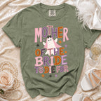 Green t-shirt with "MOTHER OF THE BRIDE TO DIE FOR" text and ghost design.
