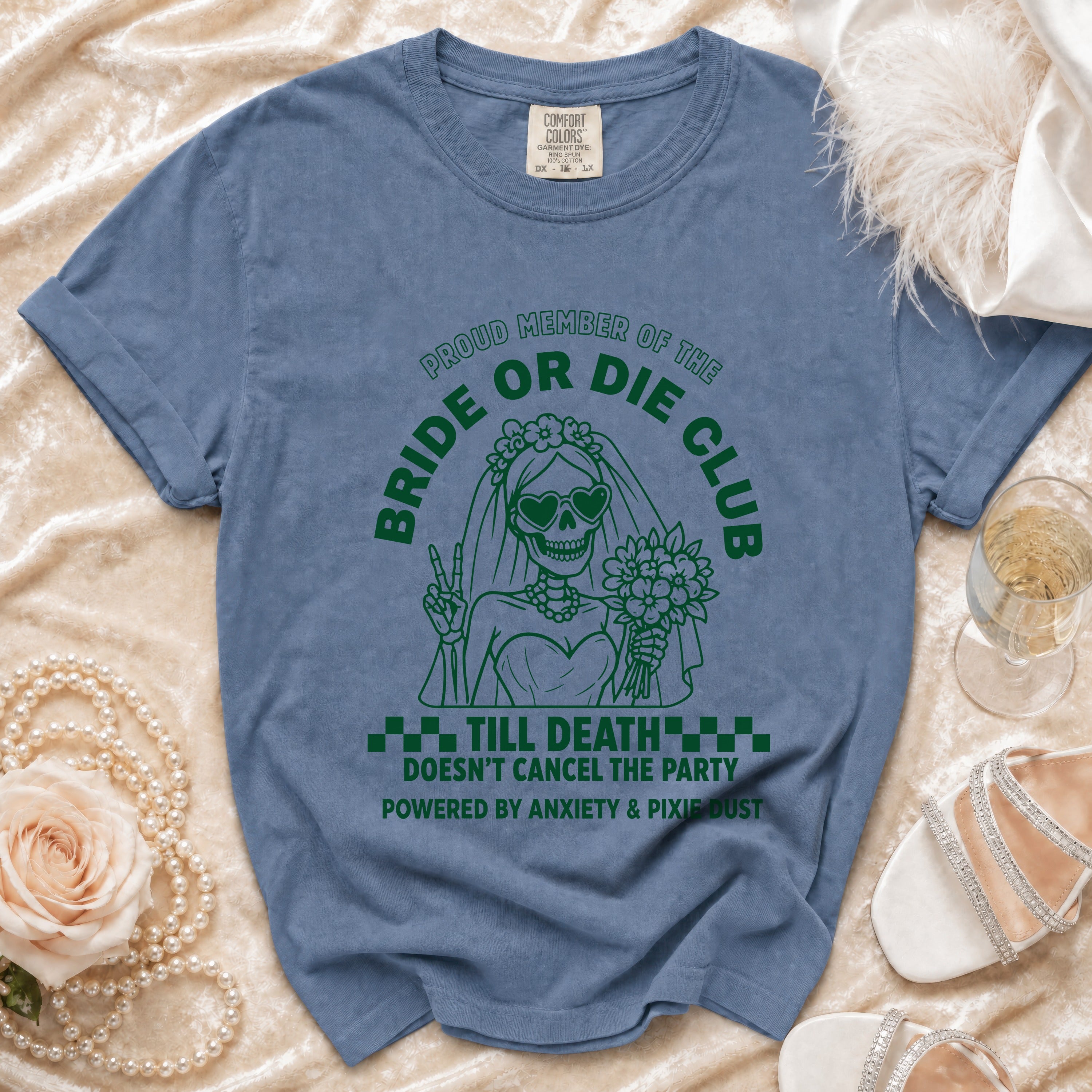 Blue t-shirt with "Bride or Die Club" graphic and skeleton bride.