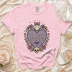 Pink t-shirt with a gothic heart design featuring roses, skull, bat, and text "Til Death Do Us Part."