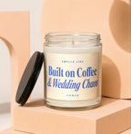 Glass candle with inscription "Smells Like Built on Coffee & Wedding Chaos".