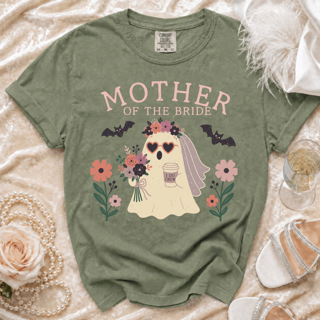 Green t-shirt with "Mother of the Bride" and a ghost graphic holding coffee.