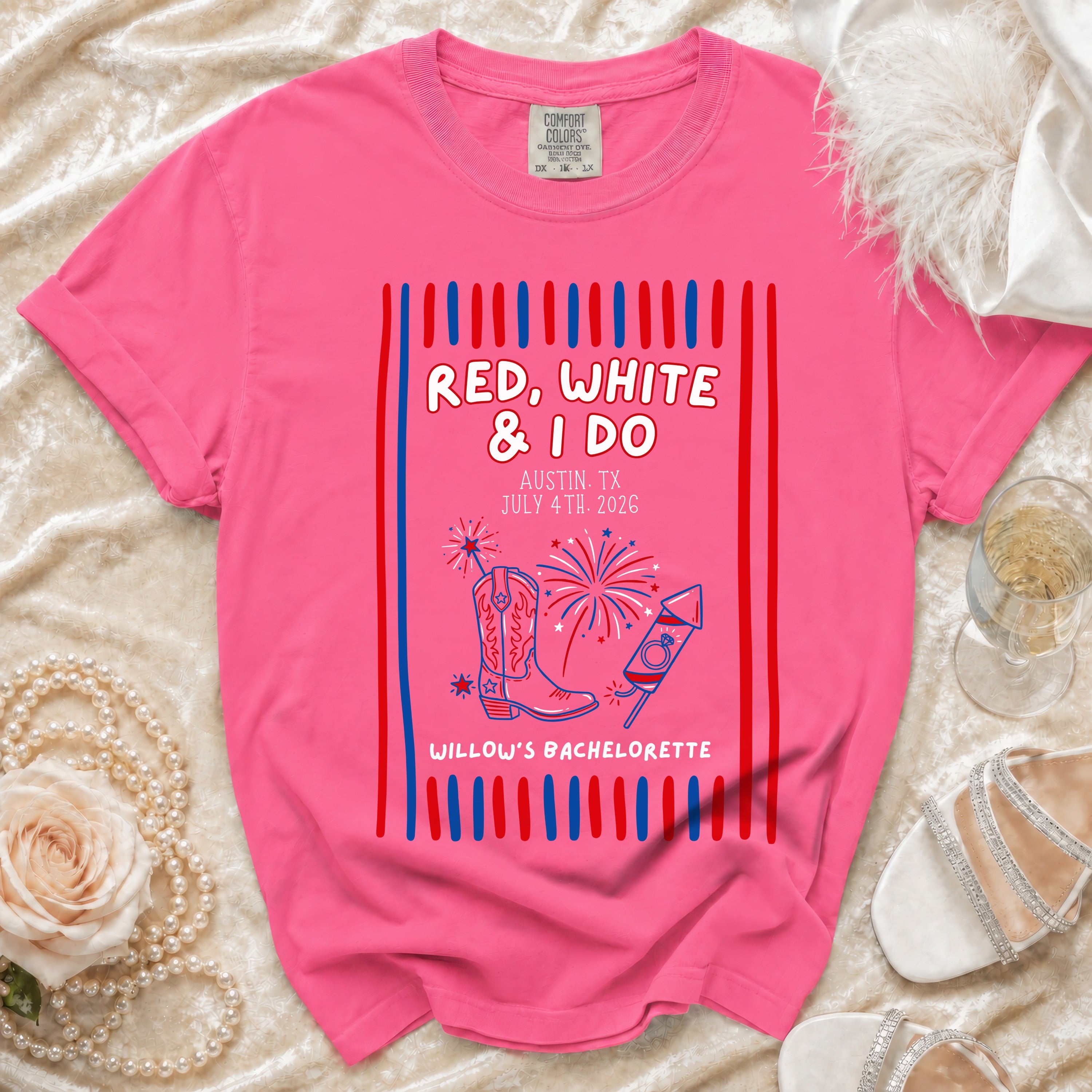 Pink t-shirt with "Red, White & I Do" text, cowboy boots, and fireworks.