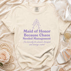 Maid of Honor t-shirt with champagne glasses and text about chaos management.