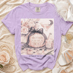 Lavender t-shirt with "Mother of the Boo" Halloween graphic and "Mother of the Boo Crew" text.