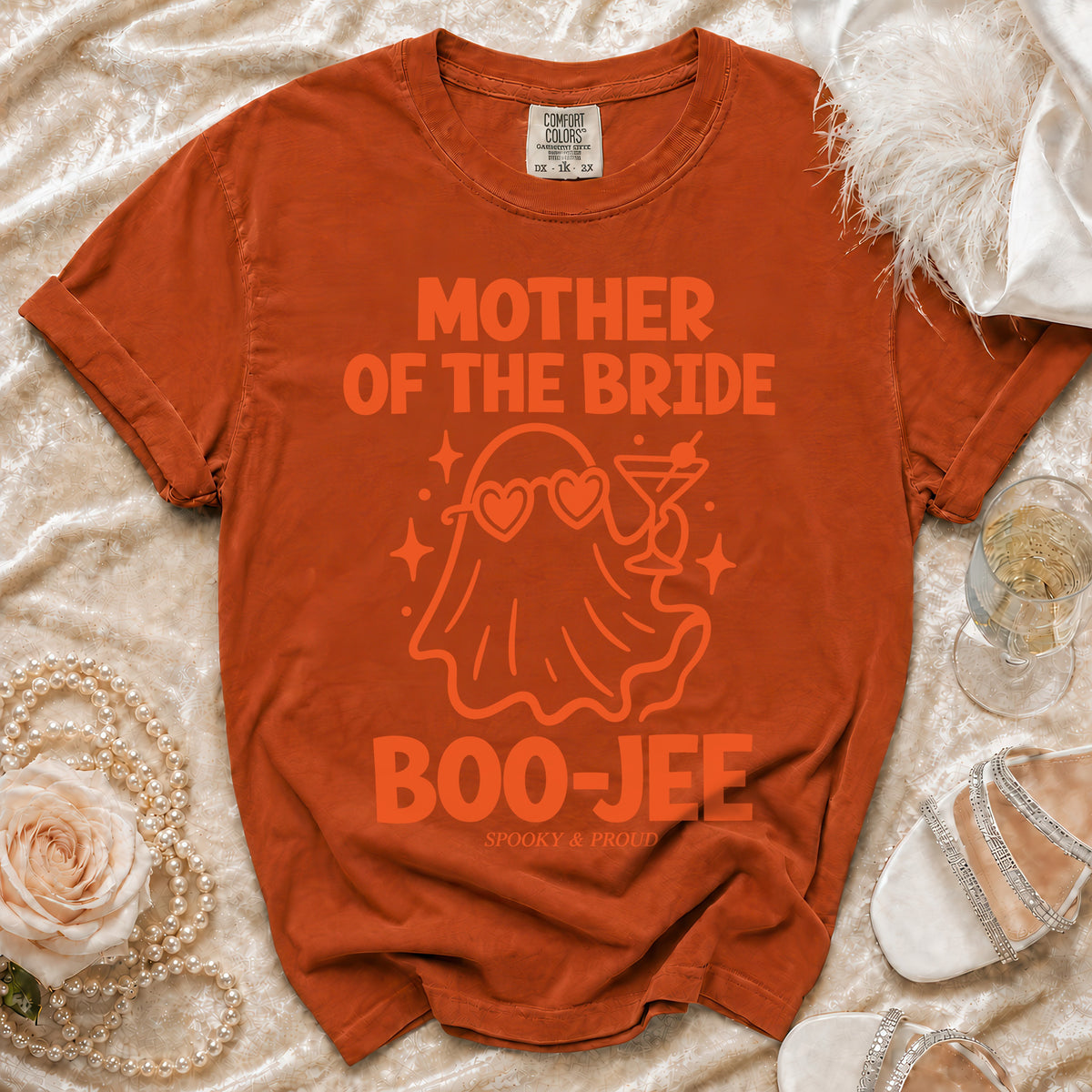 Orange t-shirt with ghost graphic reading "Mother of the Bride Boo-Jee".
