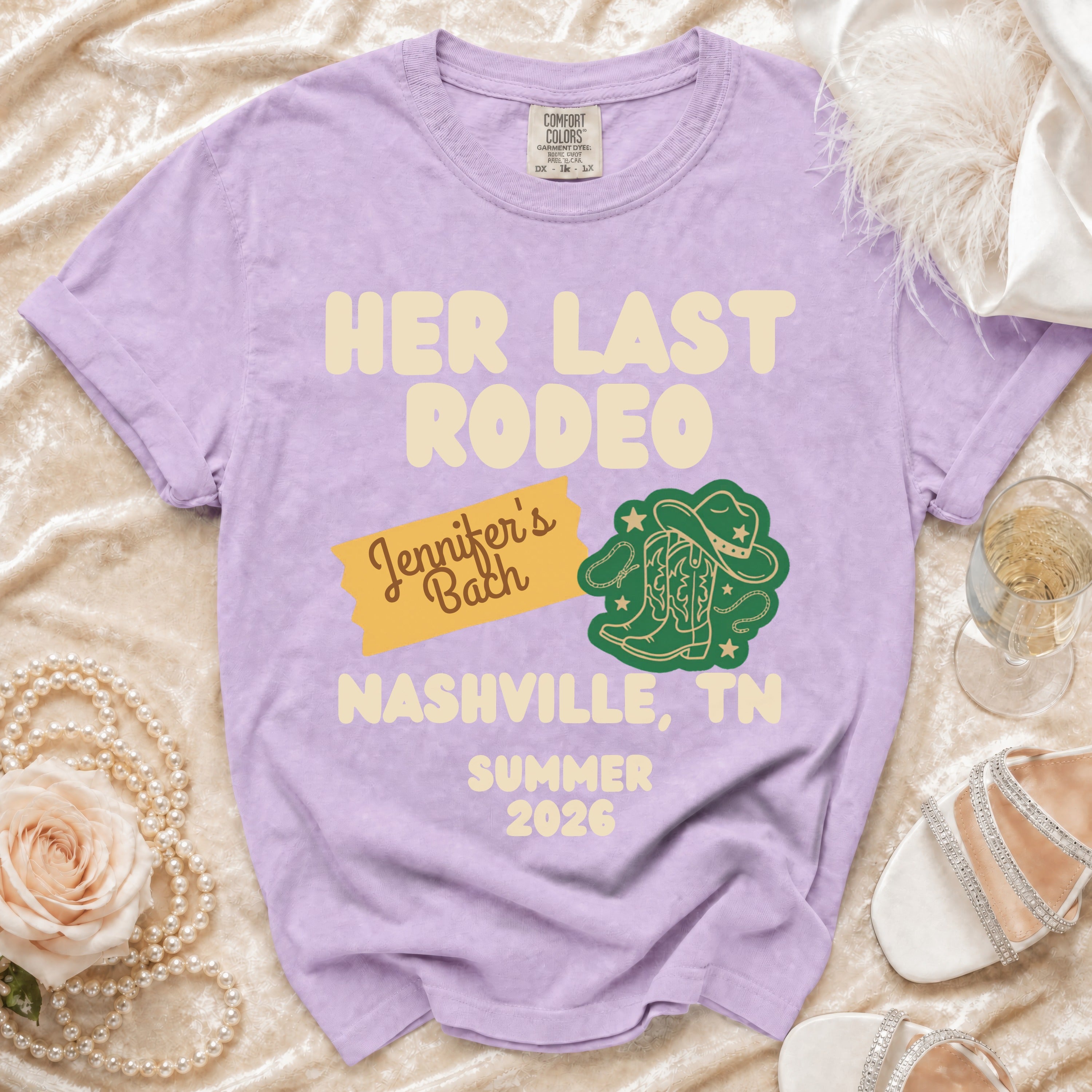 "Her Last Rodeo" Nashville, TN Summer 2026 t-shirt with cowboy boots.