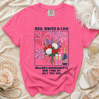 Bright pink t-shirt with "Red, White & I Do" and bachelorette party details.