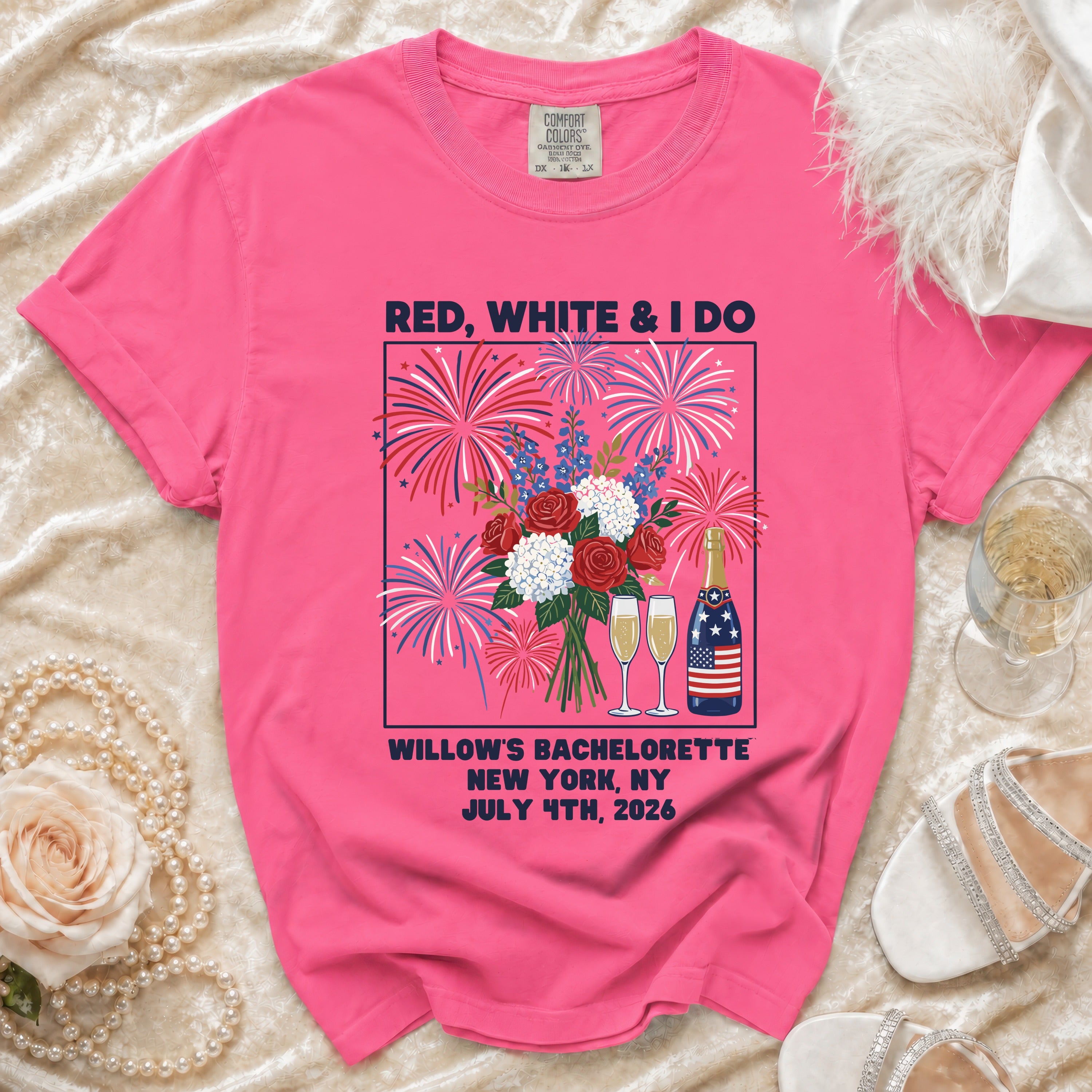Bright pink t-shirt with "Red, White & I Do" and bachelorette party details.