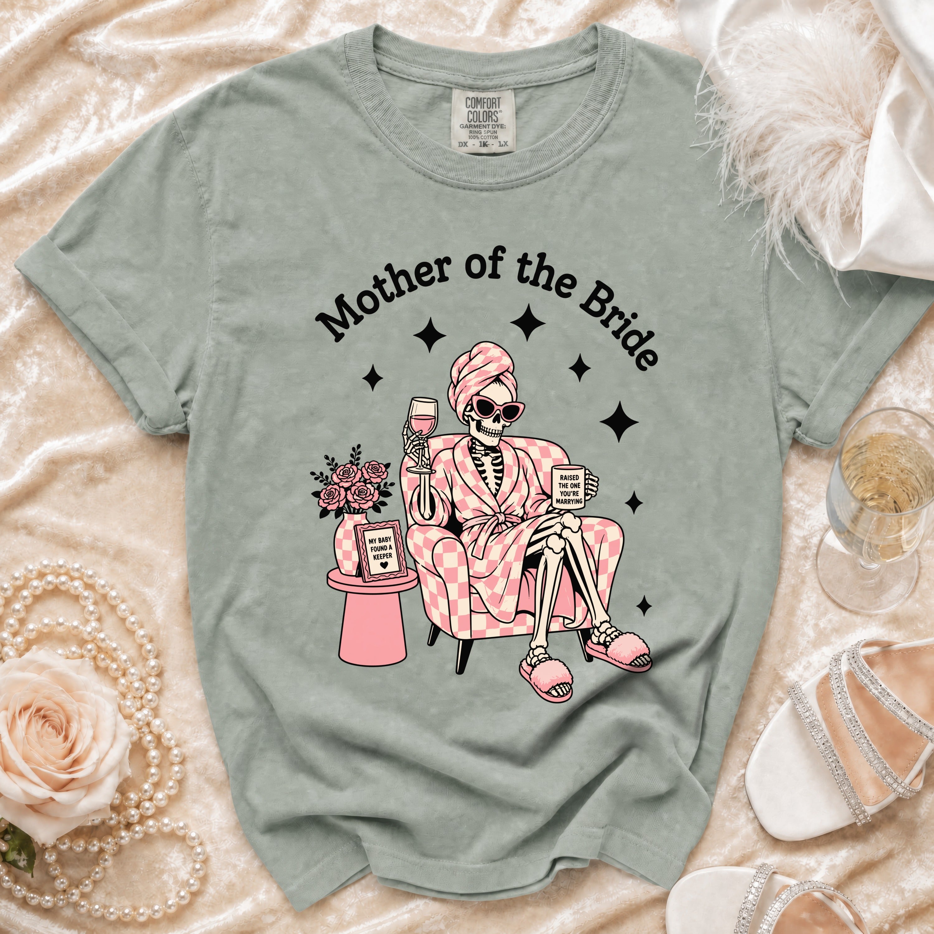 T-shirt with skeleton bride's mother relaxing and text "Mother of the Bride".