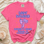 Pink t-shirt with "Last Splash Sarah's Bach Malibu, CA Summer 2026" text.