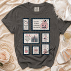 Dark gray t-shirt with Halloween-themed "mother of the bride" graphics in stamp designs.