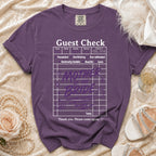 Purple t-shirt with "Guest Check" design for "Mother of the Bride".