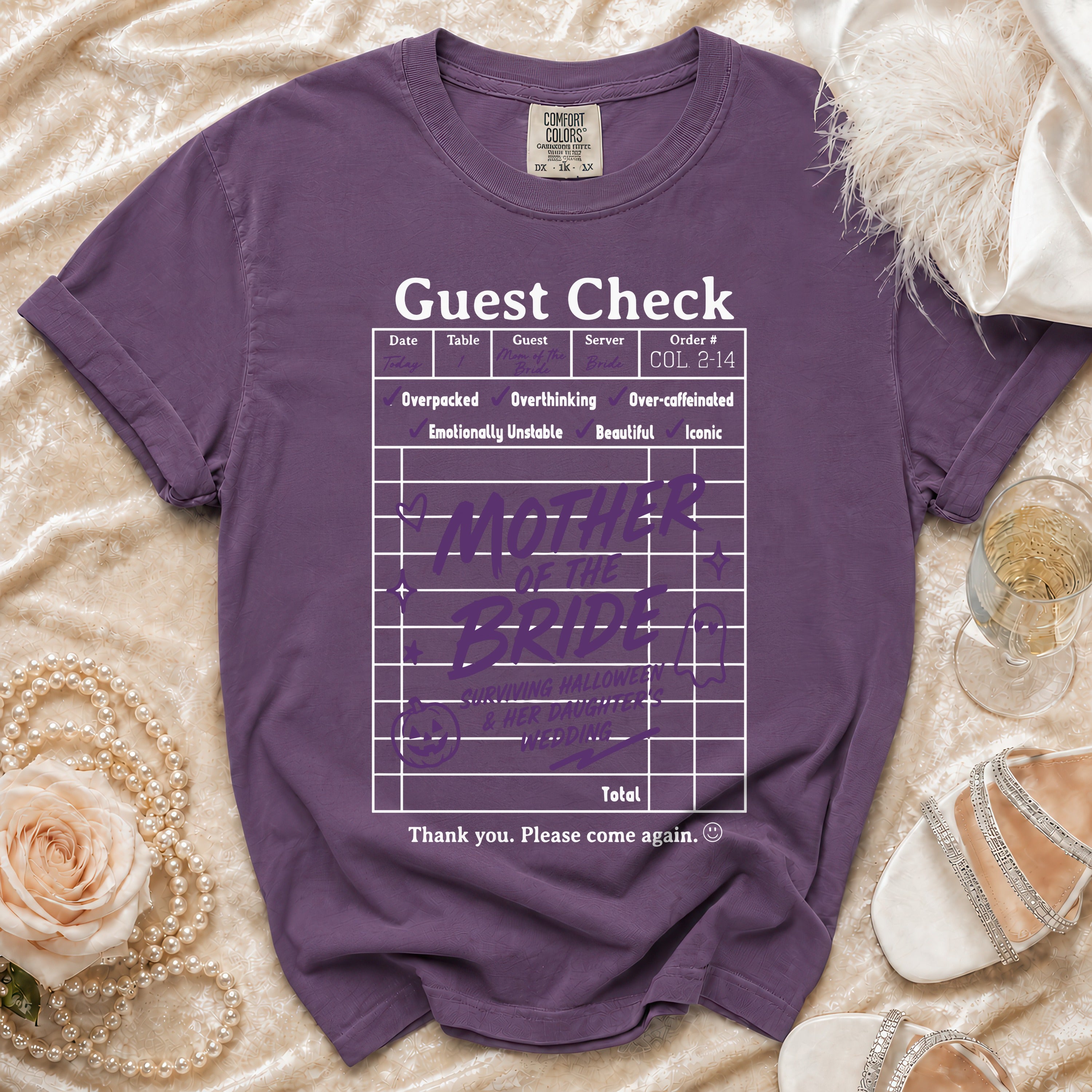 Purple t-shirt with "Guest Check" design for "Mother of the Bride".