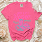 Pink t-shirt with "Her Last Rodeo" and cowboy boot and lasso design.
