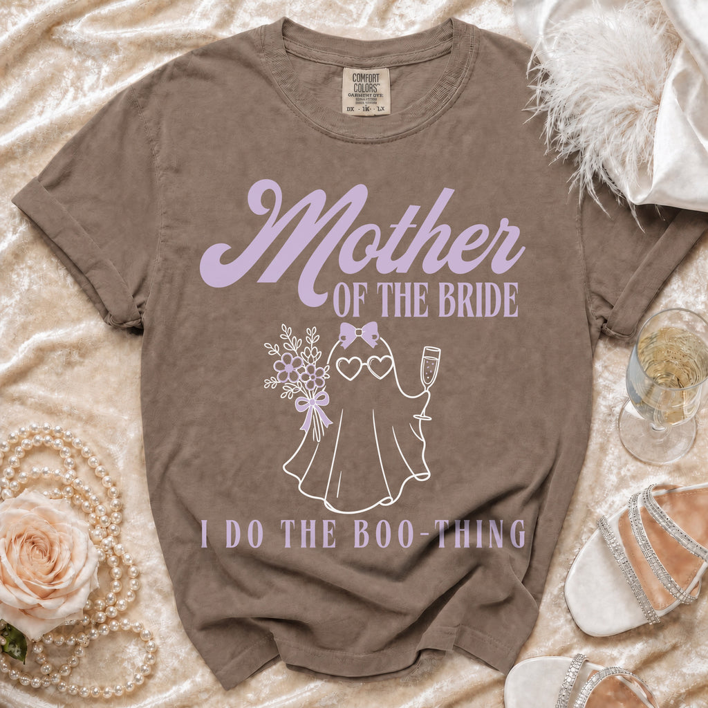 Brown t-shirt with "Mother of the Bride I Do the Boo-Thing" text and ghost graphic.