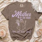Brown t-shirt with "Mother of the Bride I Do the Boo-Thing" text and ghost graphic.