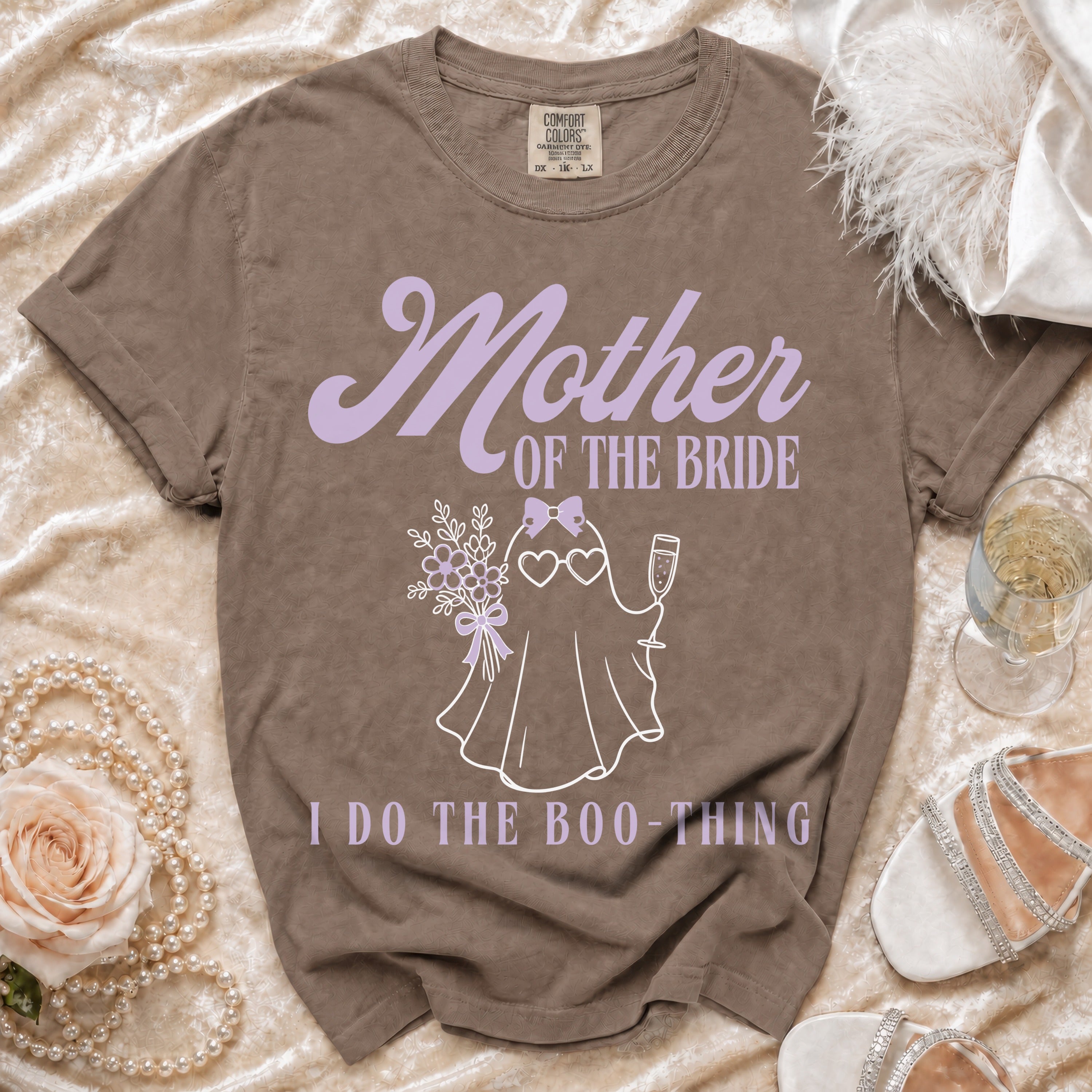 Brown t-shirt with "Mother of the Bride I Do the Boo-Thing" text and ghost graphic.