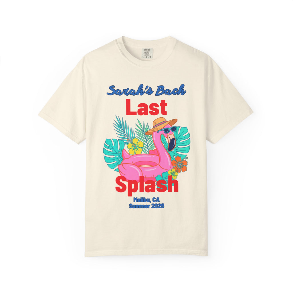 Cream t-shirt with "Sarah's Bach Last Splash" text and flamingo graphic.