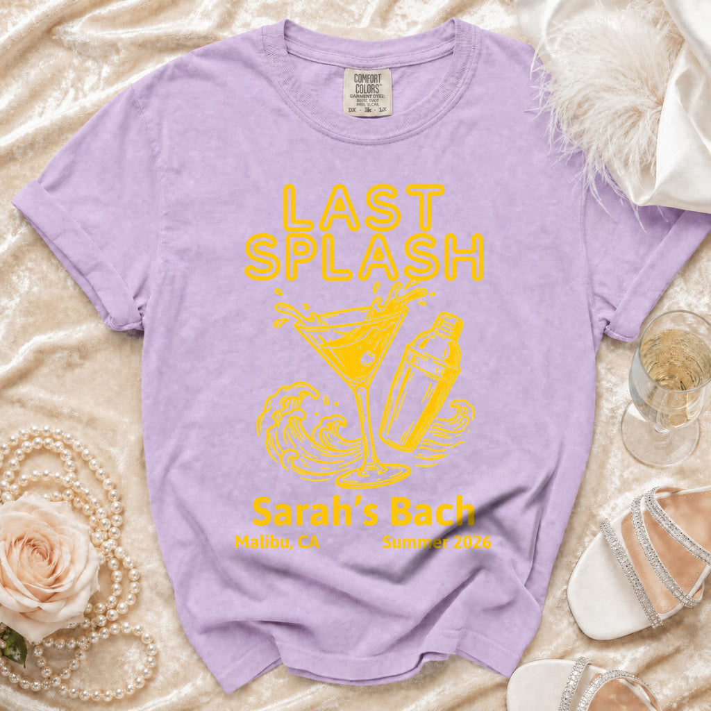Lavender t-shirt with "Last Splash" text, martini glass, waves, and shaker.