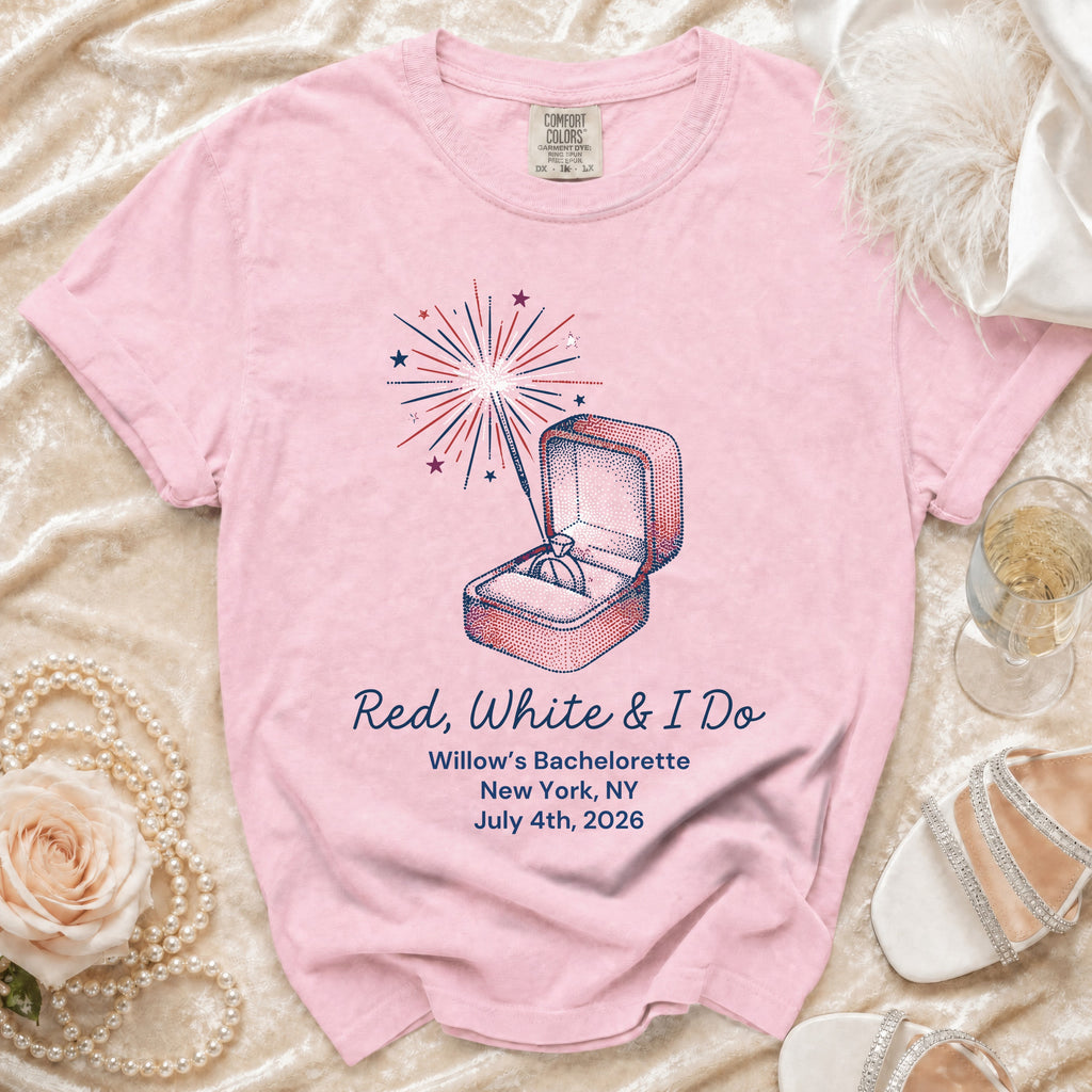 Red, White & I Do bachelorette t-shirt with ring, fireworks, and event details.