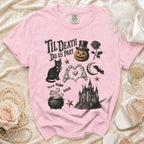 Pink t-shirt with Halloween graphics: black cat, jack-o'-lantern, castle, bat, and text "Til Death Do Us Part".