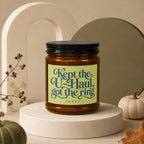 Glass candle with label reading "Kept the U-Haul, got the ring."