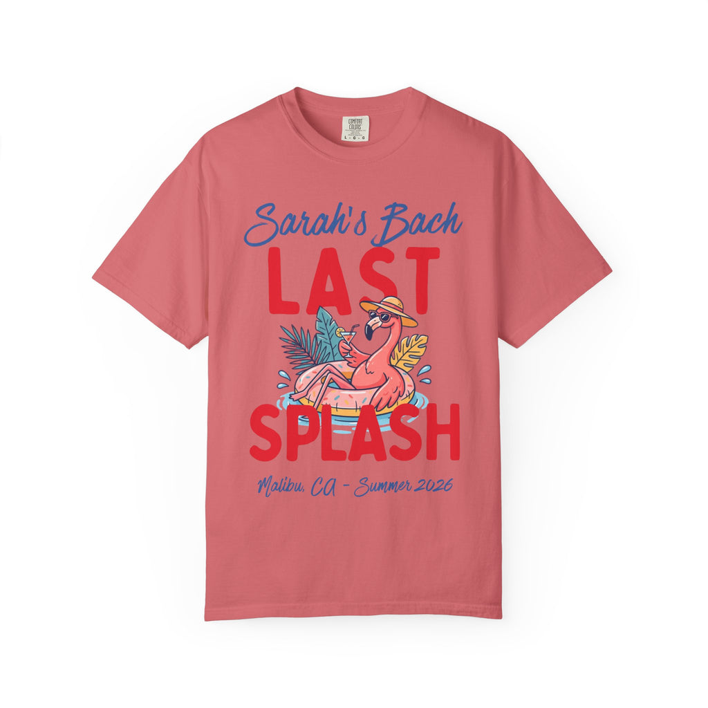 Coral t-shirt with "Sarah's Bach Last Splash Malibu, Ca - Summer 2026".