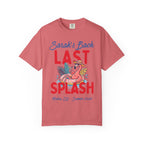 Coral t-shirt with "Sarah's Bach Last Splash Malibu, Ca - Summer 2026".