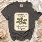 Dark grey t-shirt with "Mother of the Groom" and oak branch graphic.