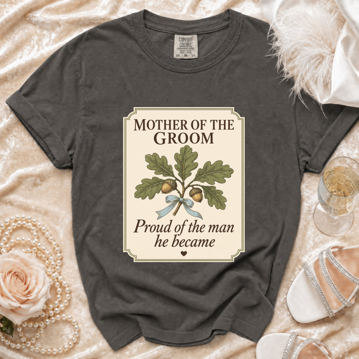 Dark grey t-shirt with "Mother of the Groom" and oak branch graphic.