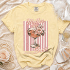 Yellow t-shirt with "Mother of the Bride" text and a cocktail glass graphic.