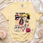 Yellow t-shirt with "Til Death Can't Do Us Part" Halloween graphic.