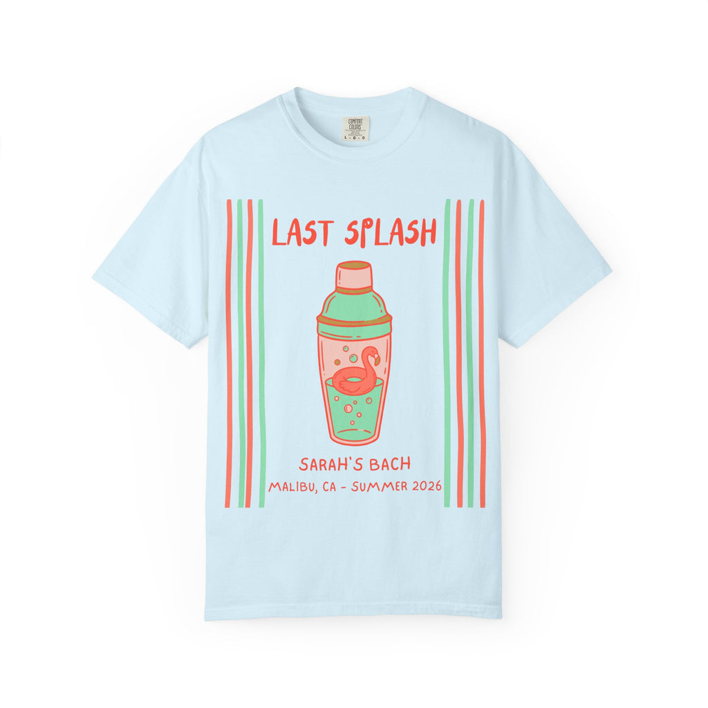 Light blue t-shirt with "Last Splash" cocktail shaker and flamingo graphic.
