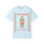 Light blue t-shirt with "Last Splash" cocktail shaker and flamingo graphic.