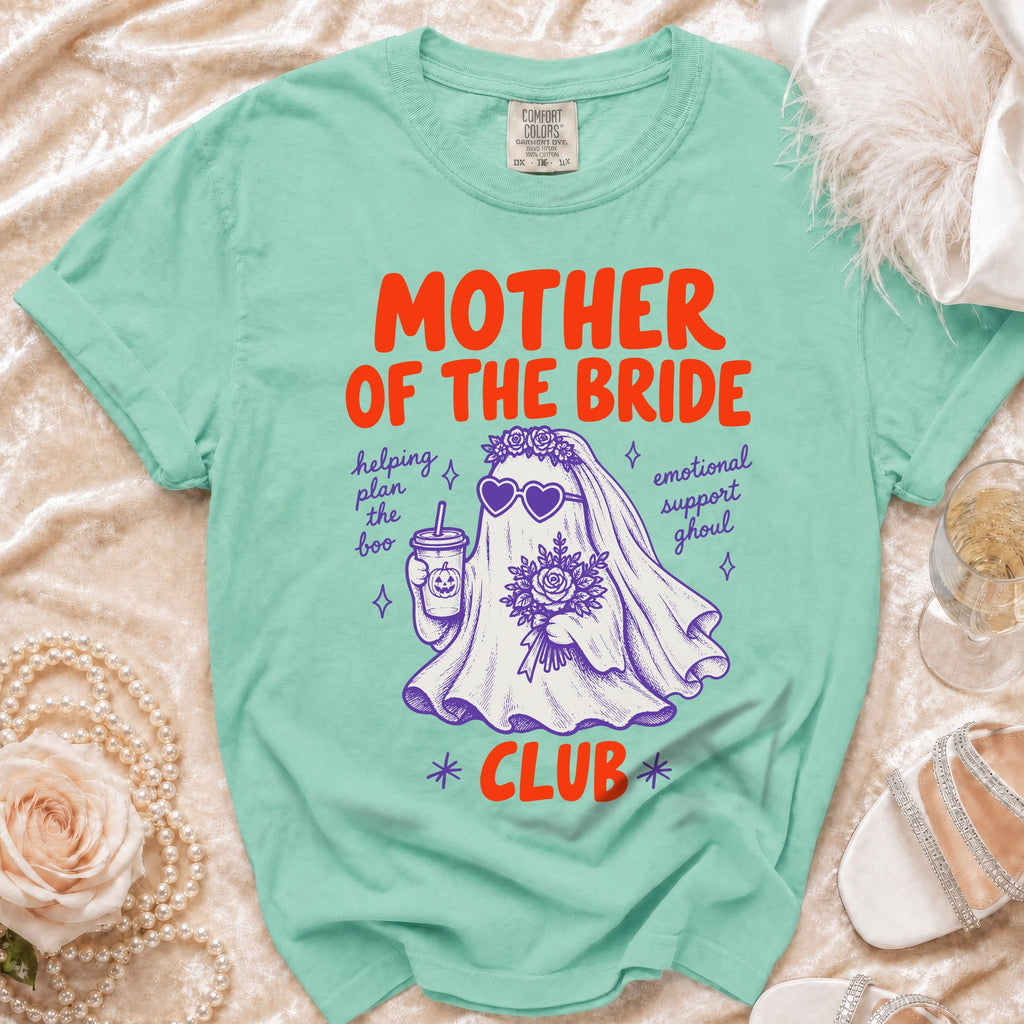 Mint green t-shirt with "Mother of the Bride Club" graphic and ghost bride.