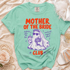 Mint green t-shirt with "Mother of the Bride Club" graphic and ghost bride.